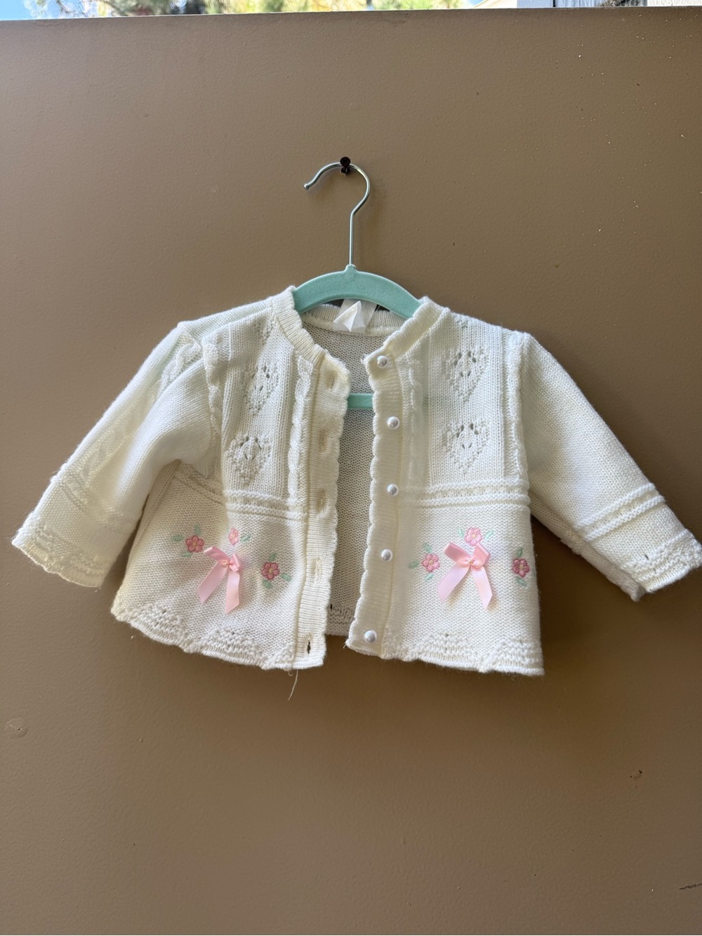 Vintage 90s Baby Girl Cream Knit Cardigan with Pink Ribbon Accents